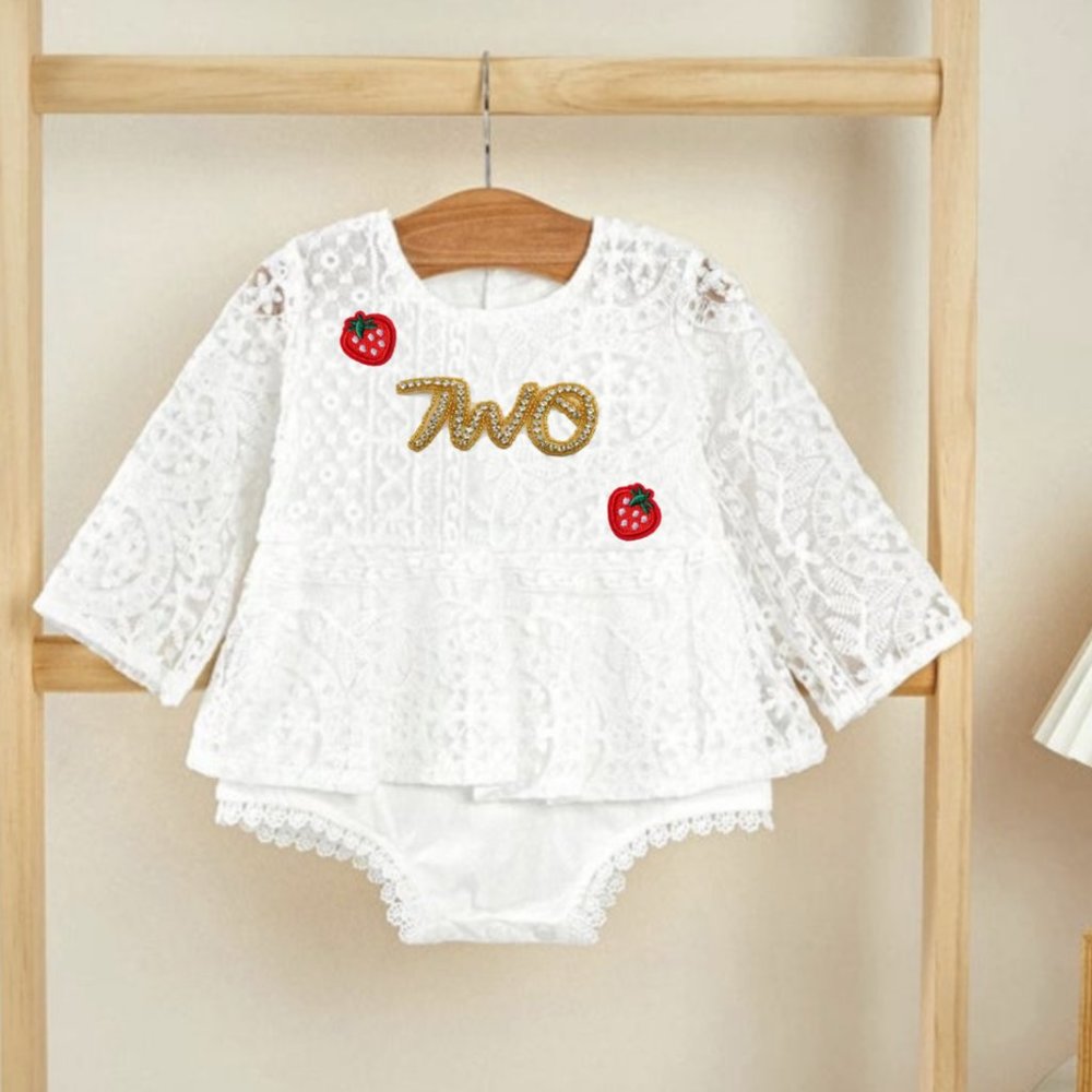 Strawberry White Lace Long Sleeve Second Birthday Outfit Clothes Dress romper
